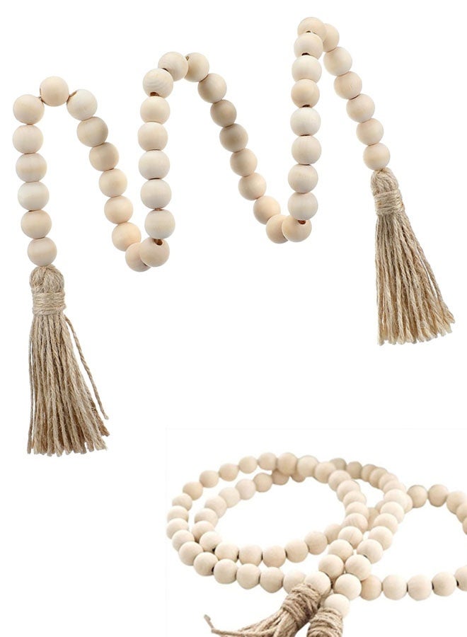 خرز خشبي مزين بشرابات، خرز طاولة، مسبحة صلاة خشبية طبيعية، ديكور جداري ريفي بوهيمي، ديكور طاولة ريفي بوهيمي، ديكور منزلي احتفالي - Image 1